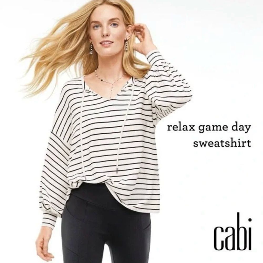 Cabi Relaxed Game Day Sweatshirt in French Terry Black & White Stripes Sz Medium
